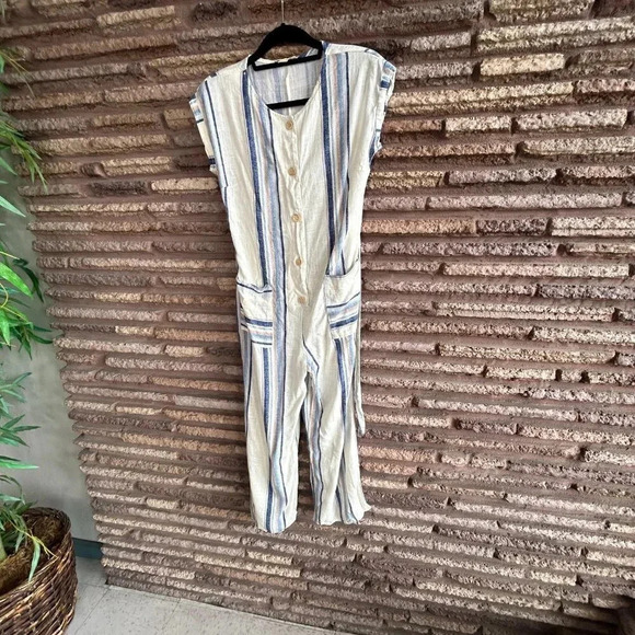 Monteau Los Angeles Blue Striped Linen Blend Casual Jumpsuit Size Medium - Picture 4 of 8